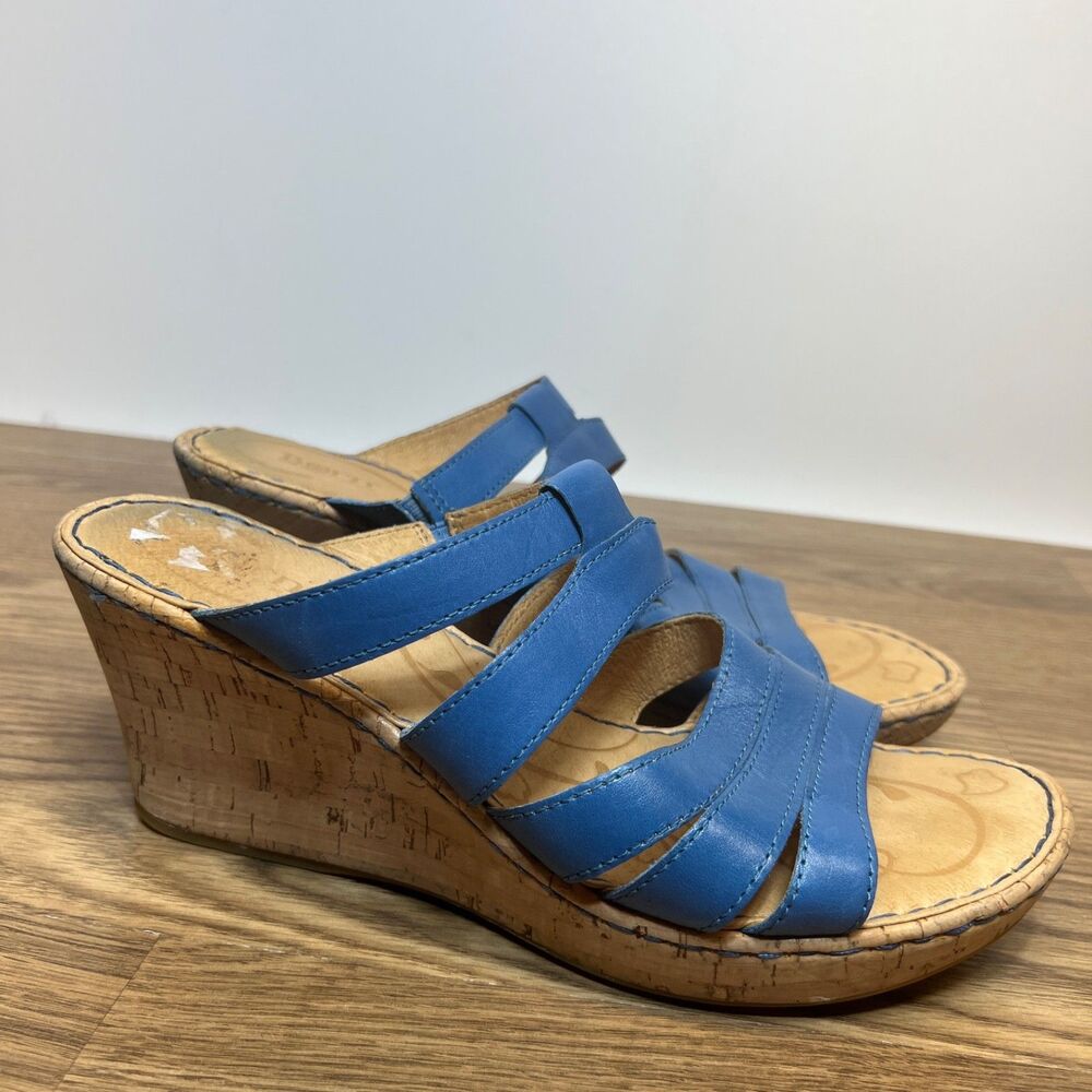 Born Women's Lisi Sandal Size 11 Cork Wedge Heel Strappy Slide Blue Leather